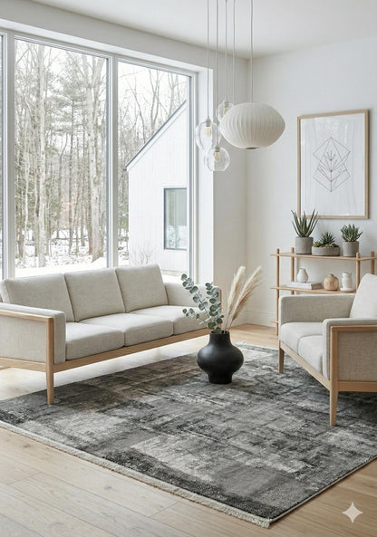 Modern Abstract Charcoal & Silver Distressed Area Rug – Contemporary Industrial Living Room Carpet - 200x300cm - 7x10ft
