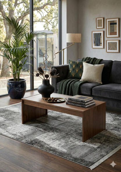 Modern Abstract Charcoal & Silver Distressed Area Rug – Contemporary Industrial Living Room Carpet - 200x300cm - 7x10ft