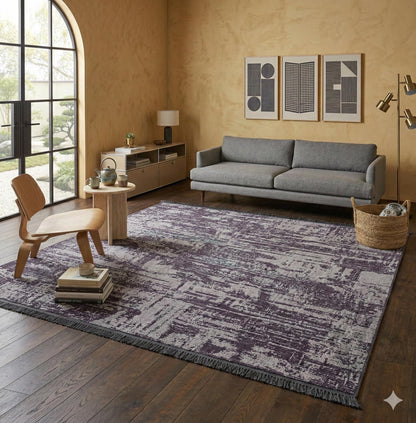 Distressed Abstract Runner Rug – Muted Purple, Charcoal Grey, Fringe – Industrial Home Decor