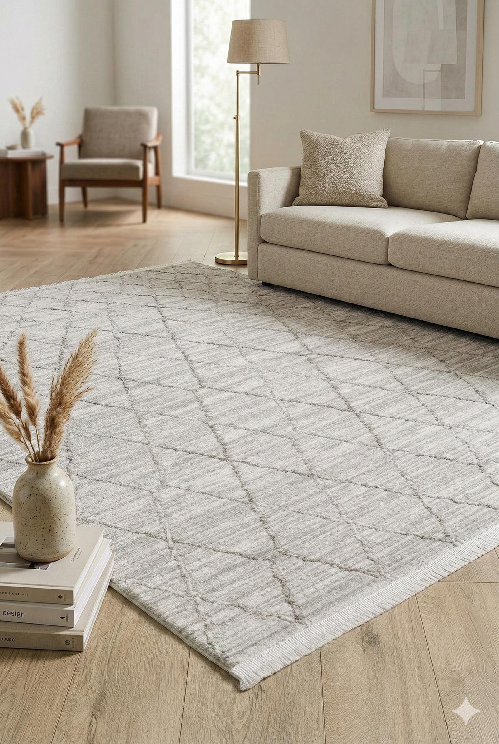 Modern Scandinavian Diamond Lattice Area Rug with Tassel Fringe – Neutral Cream & Grey - 200x300cm - 7x10ft