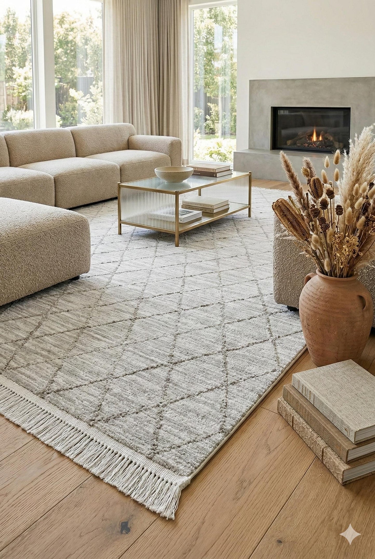 Modern Scandinavian Diamond Lattice Area Rug with Tassel Fringe – Neutral Cream & Grey - 200x300cm - 7x10ft