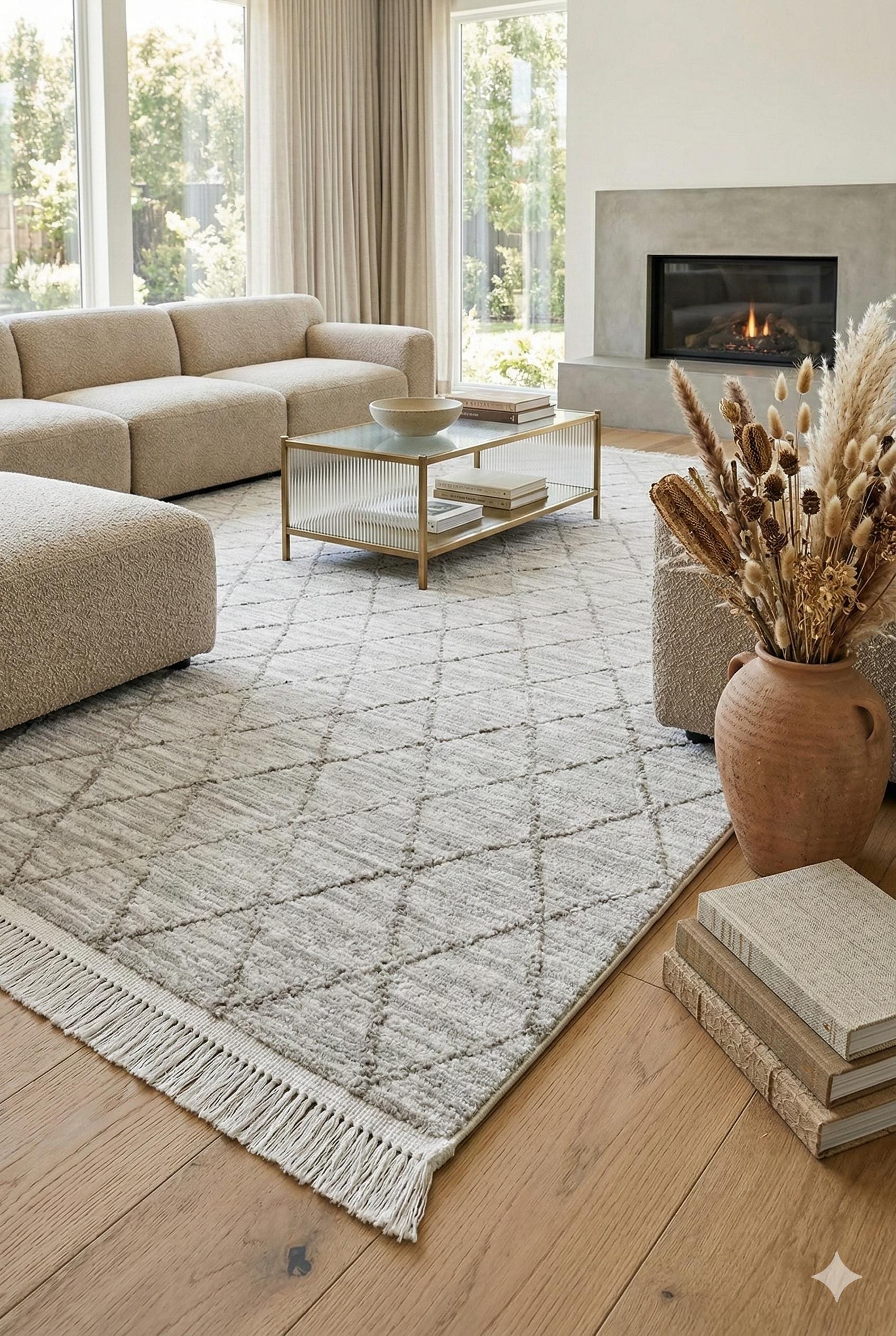 Modern Scandinavian Diamond Lattice Area Rug with Tassel Fringe – Neutral Cream & Grey - 200x300cm - 7x10ft