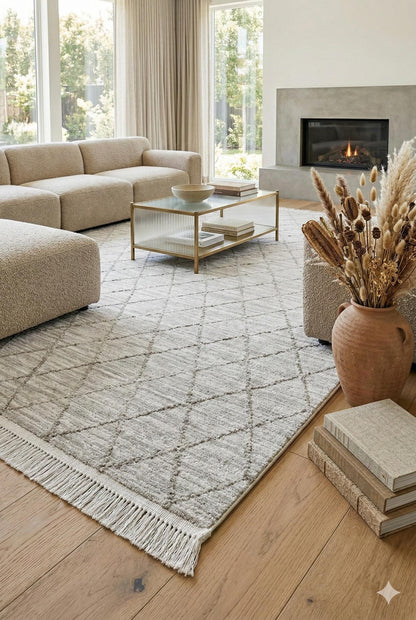 Modern Scandinavian Diamond Lattice Area Rug with Tassel Fringe – Neutral Cream & Grey - 200x300cm - 7x10ft
