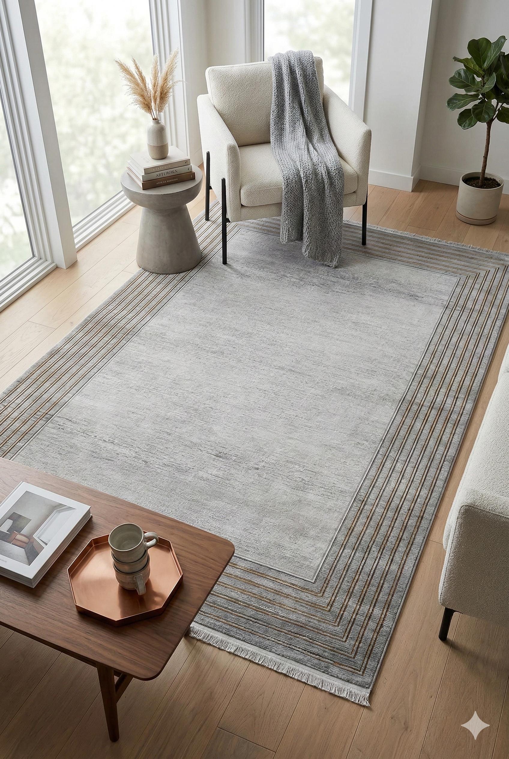 Modern Transitional Area Rug – Slate Grey & Gold Linear Bordered Design - 7x10