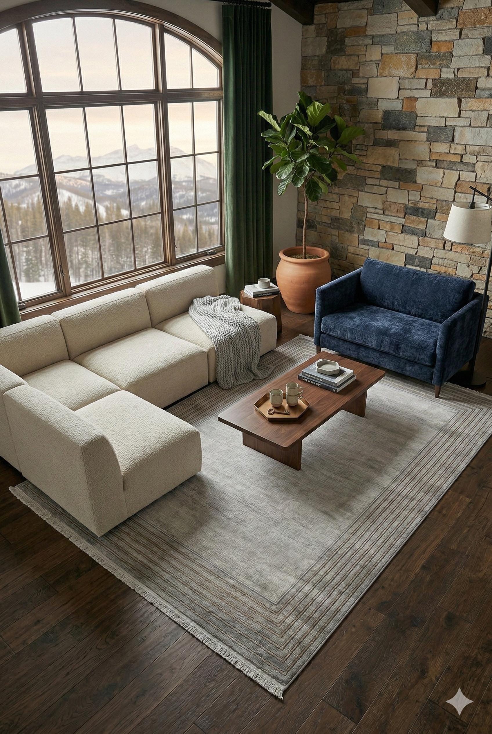 Modern Transitional Area Rug – Slate Grey & Gold Linear Bordered Design - 7x10