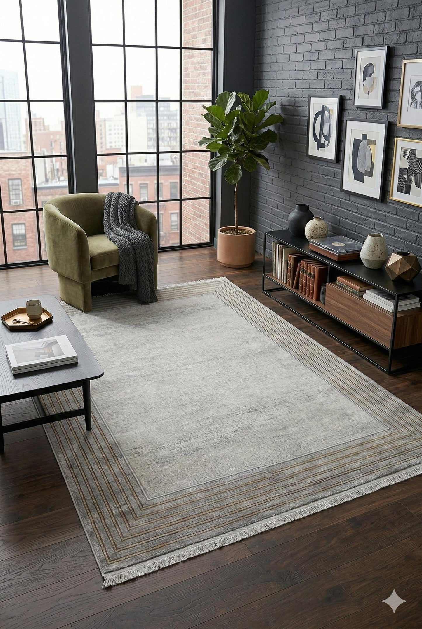 Modern Transitional Area Rug – Slate Grey & Gold Linear Bordered Design - 7x10
