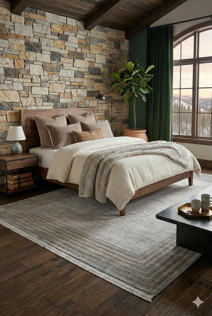 Modern Transitional Area Rug – Slate Grey & Gold Linear Bordered Design - 7x10