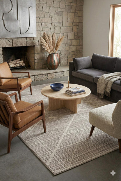 Textured Geometric Area Rug – Neutral Beige Abstract Line Art Carpet