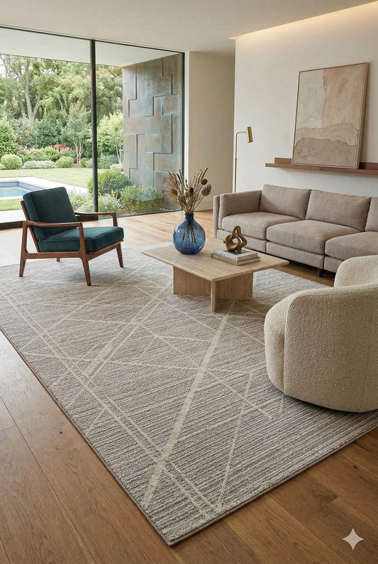 Textured Geometric Area Rug – Neutral Beige Abstract Line Art Carpet
