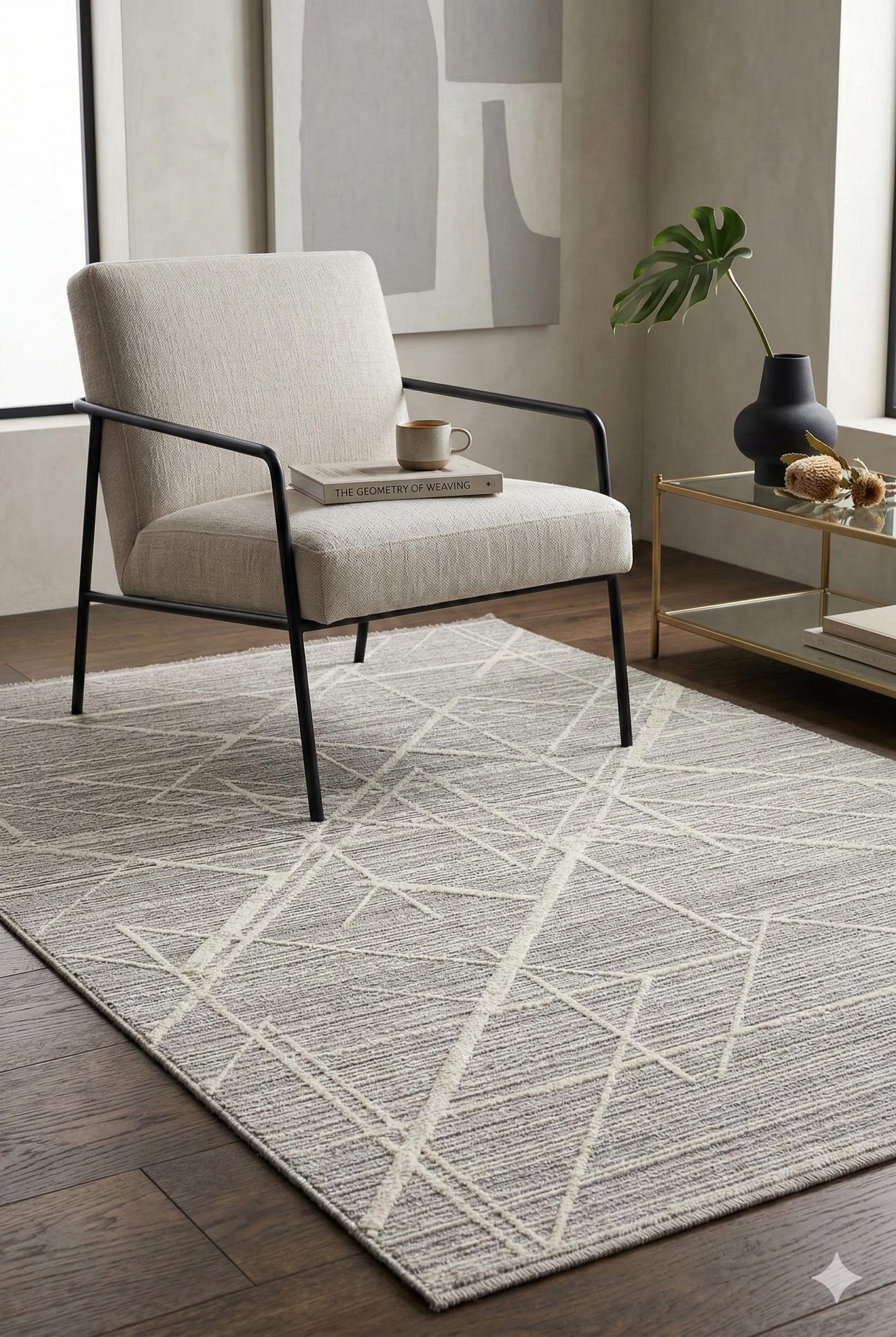 Textured Geometric Area Rug – Neutral Beige Abstract Line Art Carpet