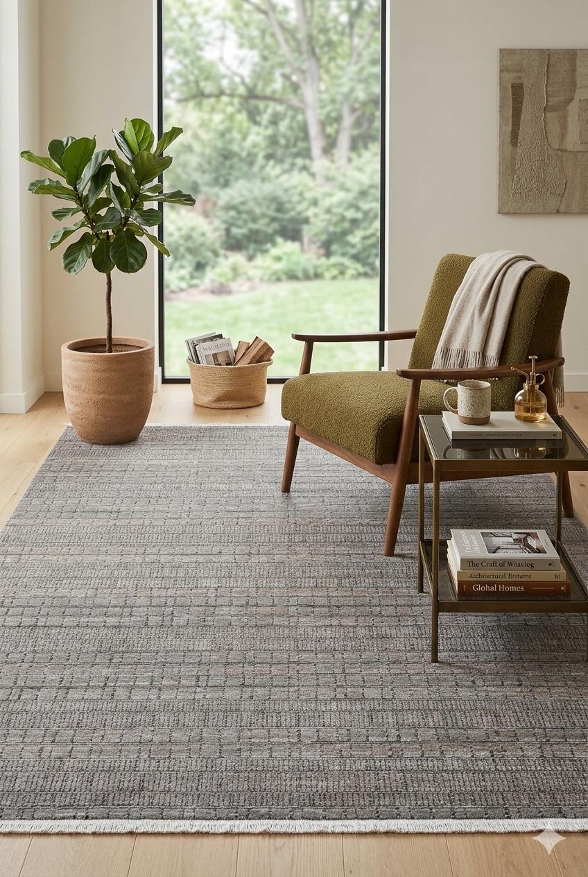 Handwoven Geometric Grid Rug – Textured Neutral Earth Tones, Modern Minimalist Carpet
