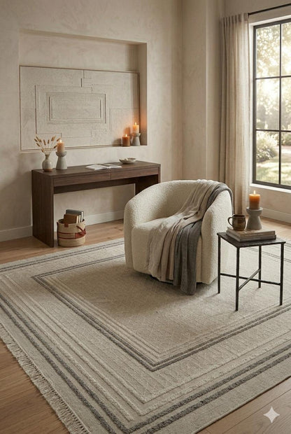 Geometric Border Area Rug – Neutral Beige Grey Textured Carpet – Japandi Boho Decor