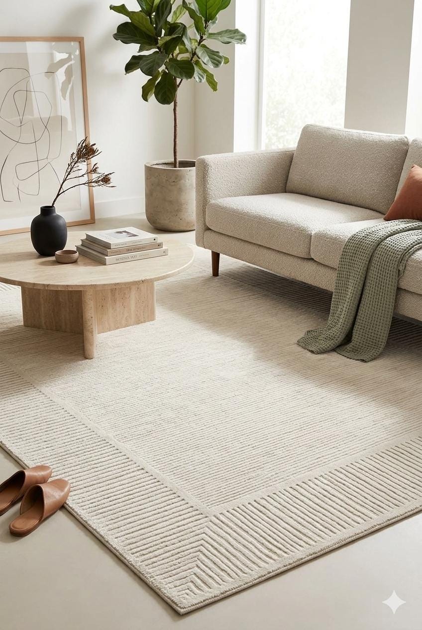 Textured Cream Border Area Rug – Modern Minimalist Geometric Wool Carpet (7x10ft)