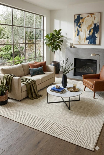 Textured Cream Border Area Rug – Modern Minimalist Geometric Wool Carpet (7x10ft)