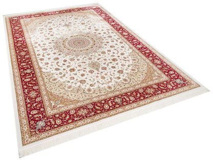 7x10ft, Red Classic Medallion Silk Rug, Bamboo Yarn, Hand-Finished Silk Tassels