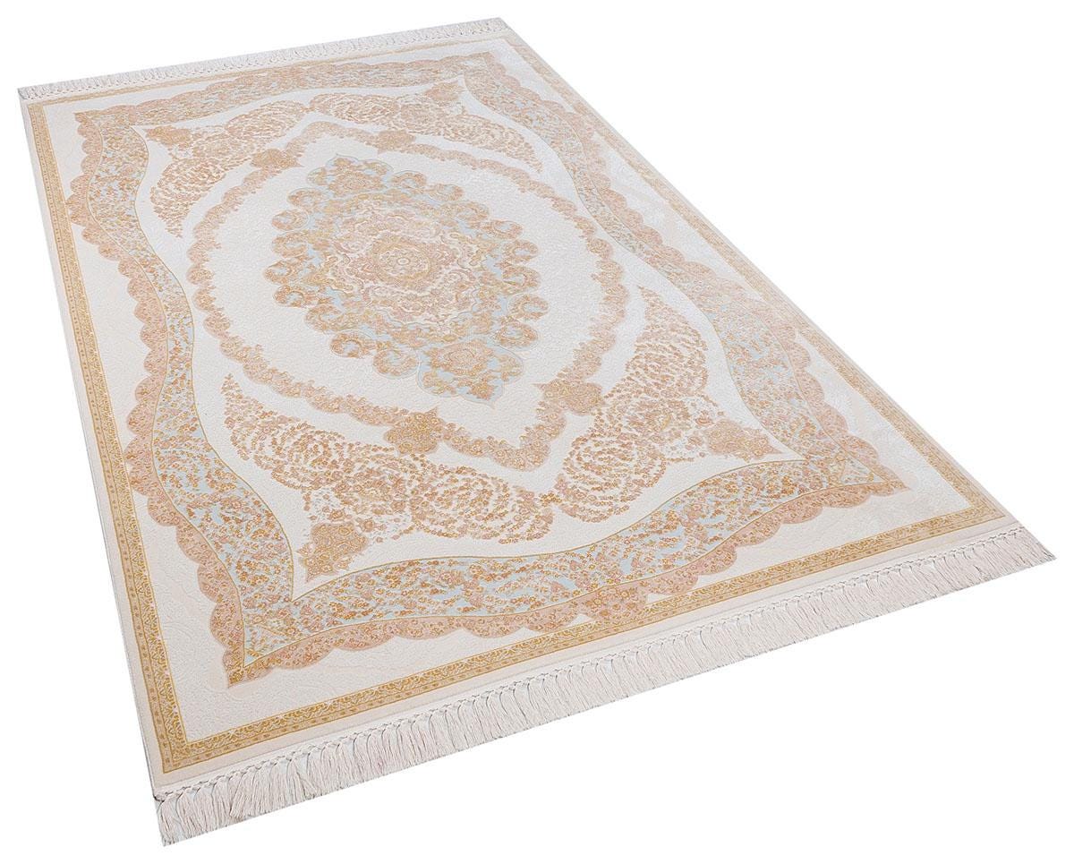 7x10 ft, Beige Classic Medallion Bamboo Rug with fine tassels