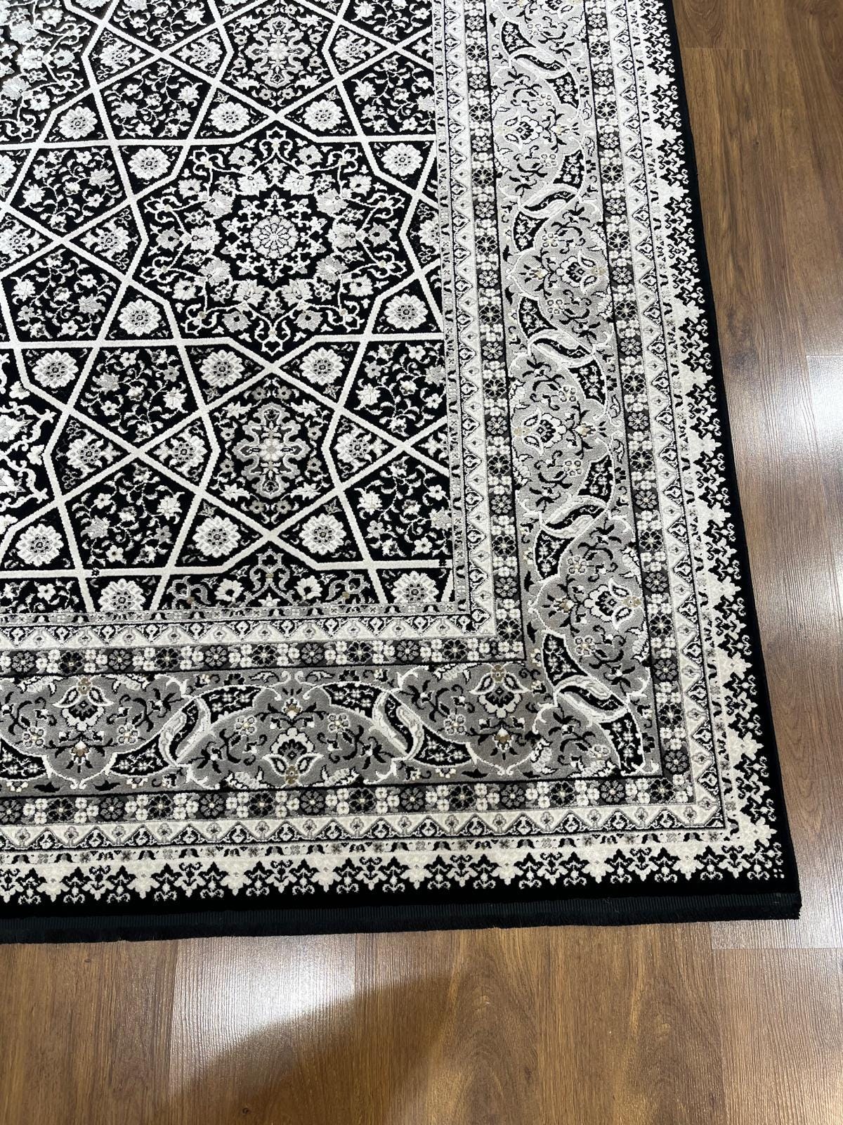7x10 ft, Classic Black Bamboo Rug: Oriental black fine carpet with Fringes