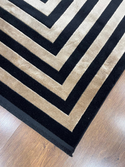 10x13 ft, Modern Black Bamboo Rug: Contemporary black fine carpet with god stripes