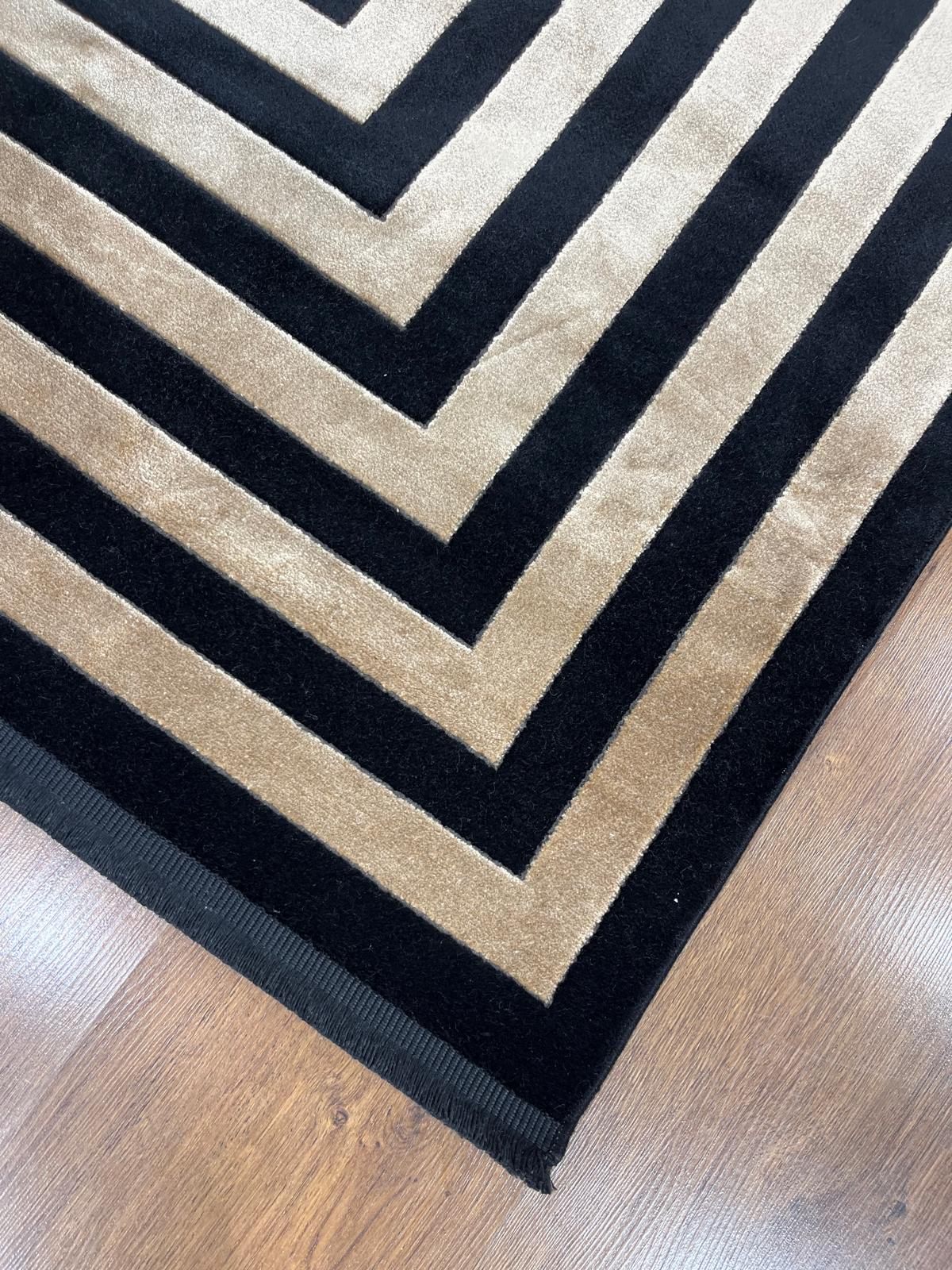 7x10 ft, Modern Black Bamboo Rug: Contemporary black fine carpet with god stripes