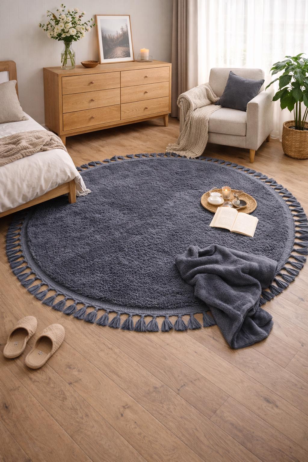Gray Round Tassel Rug – Fluffy Washable Cotton Carpet for Nursery, Bedroom