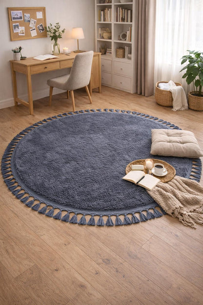 Gray Round Tassel Rug – Fluffy Washable Cotton Carpet for Nursery, Bedroom