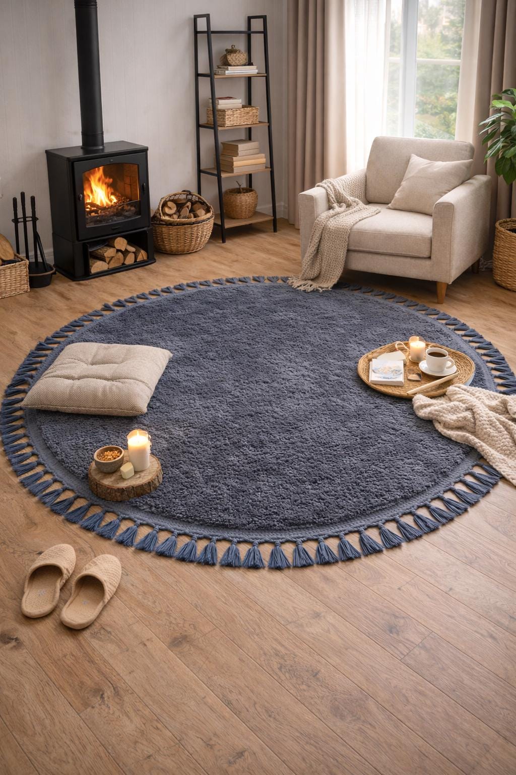 Gray Round Tassel Rug – Fluffy Washable Cotton Carpet for Nursery, Bedroom