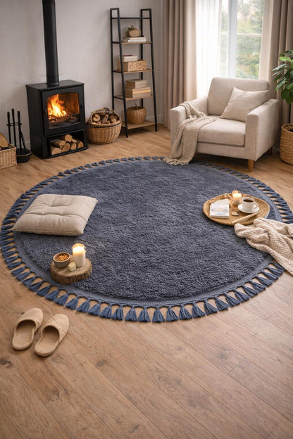 Gray Round Tassel Rug – Fluffy Washable Cotton Carpet for Nursery, Bedroom