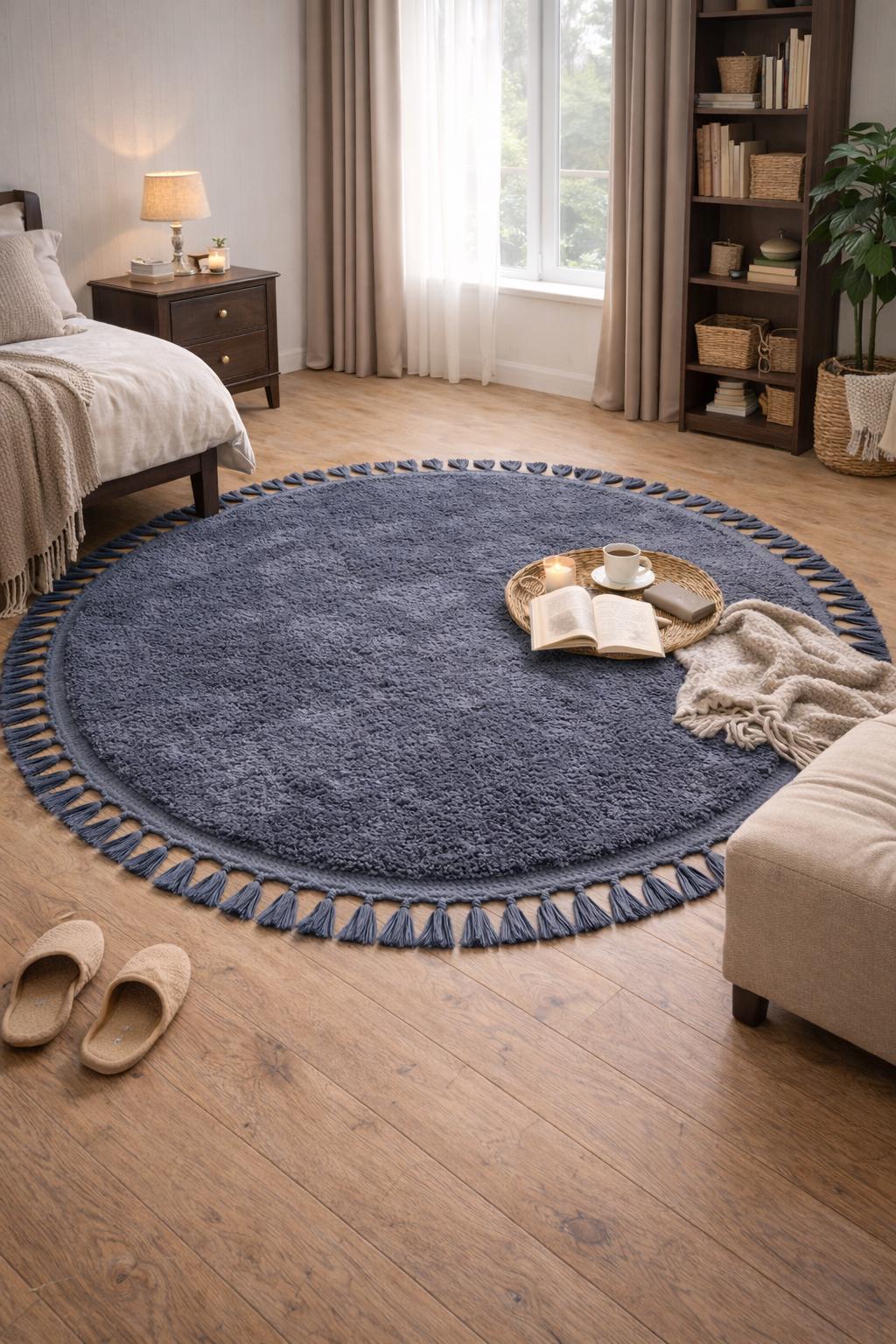 Gray Round Tassel Rug – Fluffy Washable Cotton Carpet for Nursery, Bedroom