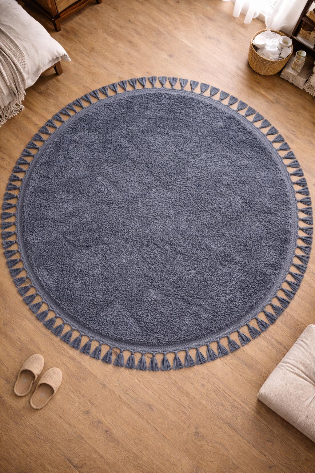 Gray Round Tassel Rug – Fluffy Washable Cotton Carpet for Nursery, Bedroom