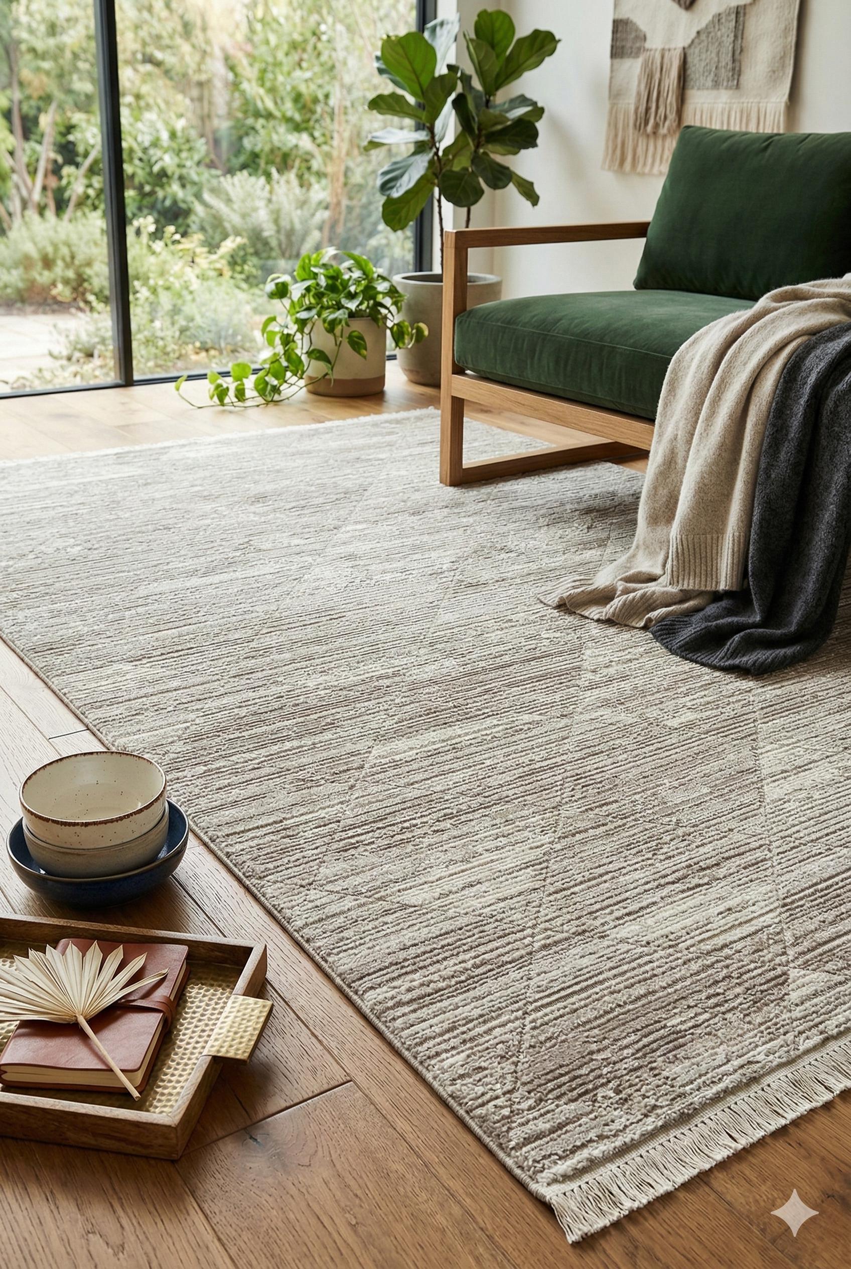 Modern Distressed Diamond Area Rug – Japandi Sand Taupe Carpet (200x300cm)