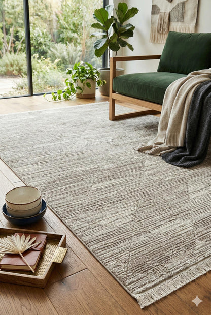 Modern Distressed Diamond Area Rug – Japandi Sand Taupe Carpet (200x300cm)