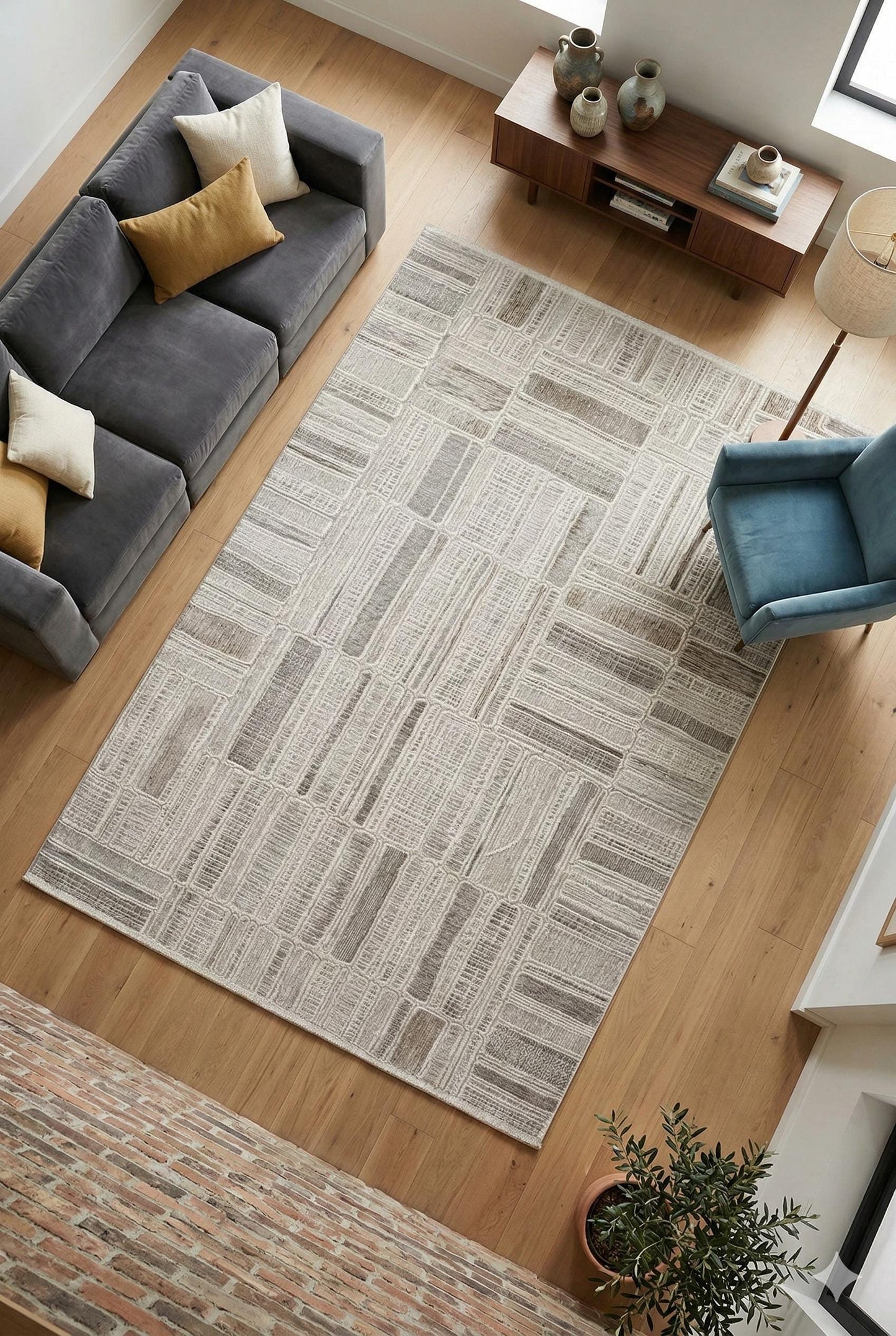 Modern Abstract Grid Rug – Geometric Texture, Neutral Sand Carpet (200x300cm)
