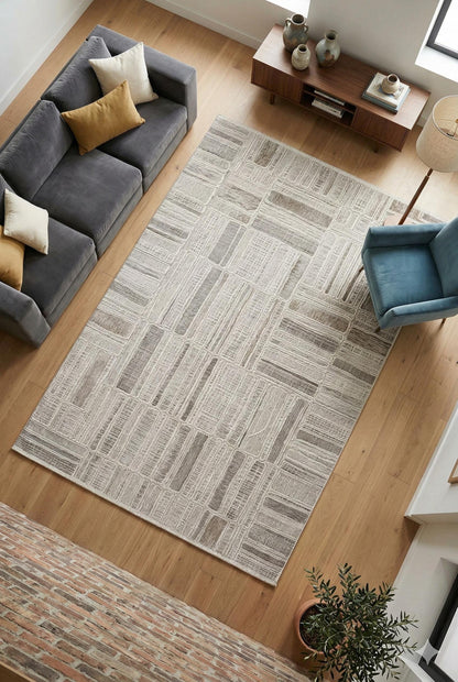 Modern Abstract Grid Rug – Geometric Texture, Neutral Sand Carpet (200x300cm)
