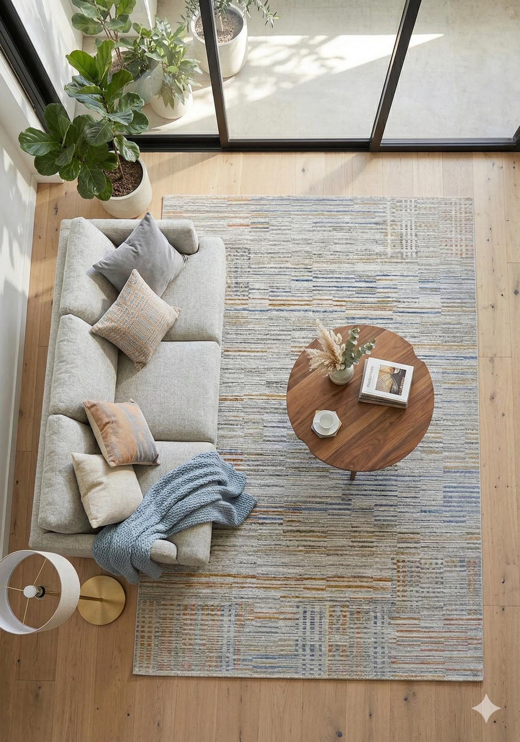 Modern Abstract Area Rug – Earthy Blue, Ochre, Grey Stripes (200x290cm)