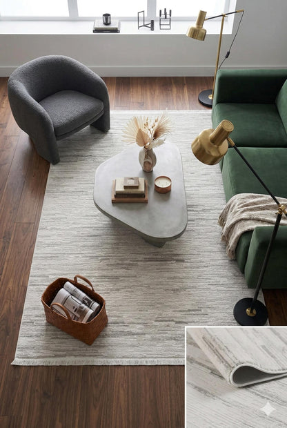 Distressed Abstract Area Rug – Modern Minimalist Beige Textured Carpet with Fringes