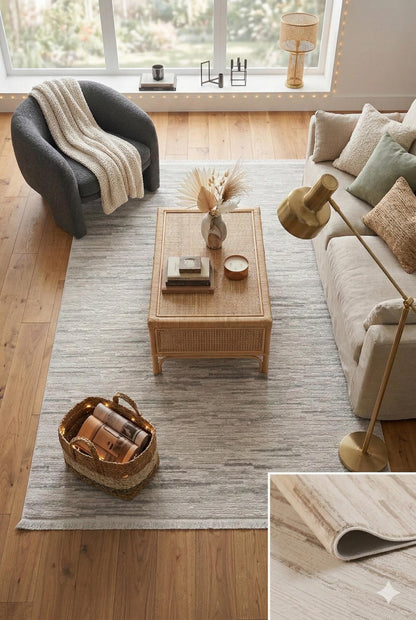 Distressed Abstract Area Rug – Modern Minimalist Beige Textured Carpet with Fringes
