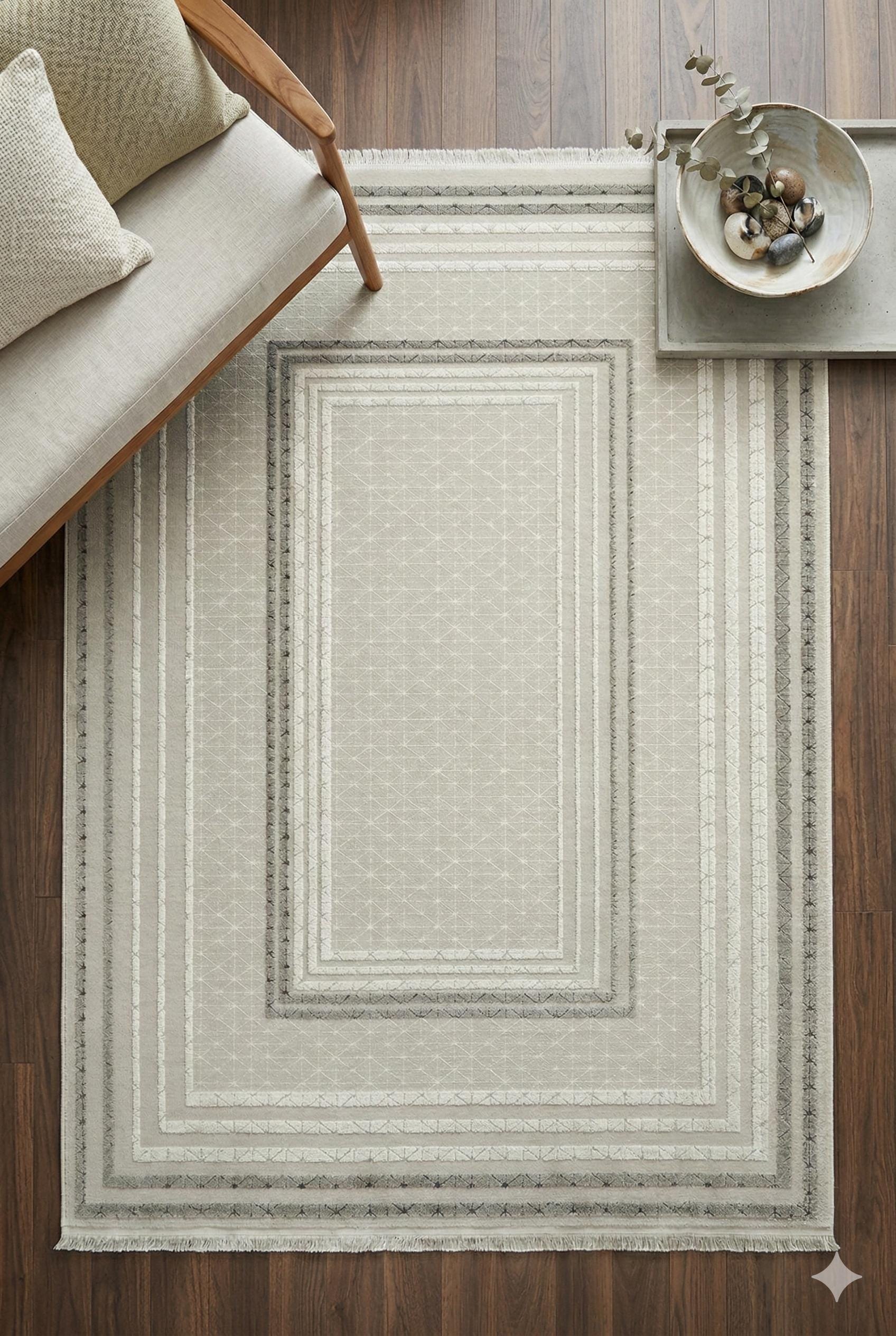 Geometric Border Area Rug – Neutral Beige Grey Textured Carpet – Japandi Boho Decor