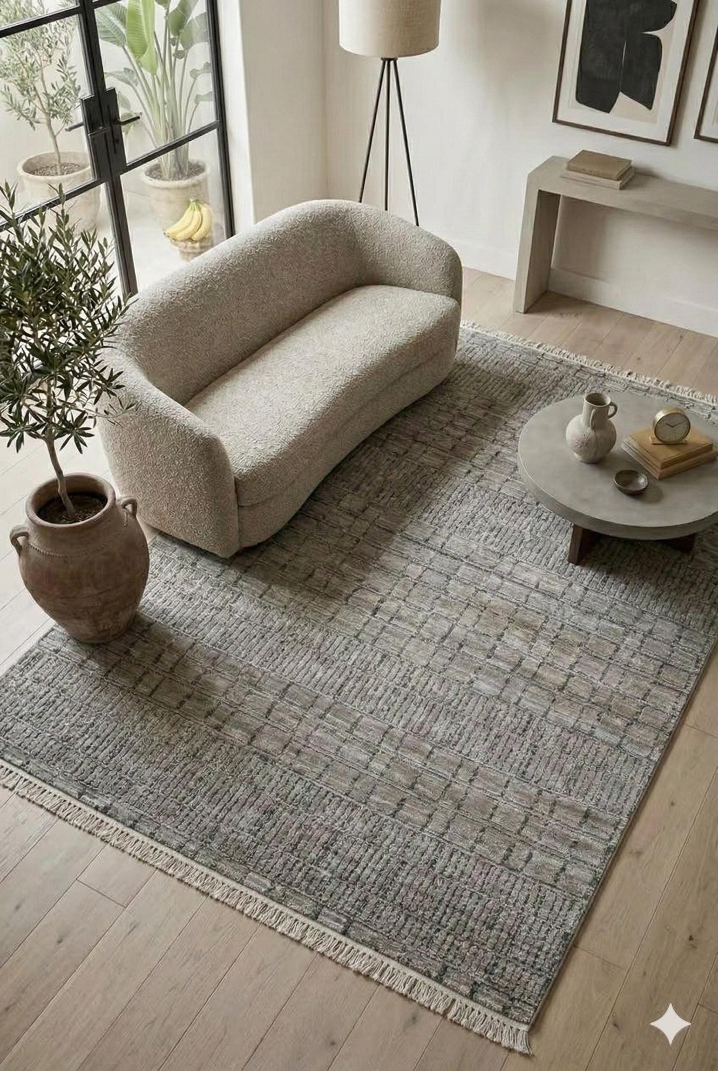 Handwoven Geometric Grid Rug – Textured Neutral Earth Tones, Modern Minimalist Carpet