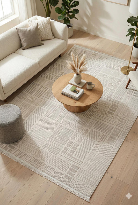 Modern Checkerboard Texture Rug, 5x7 Cream Contemporary Area Carpet (160x230cm)