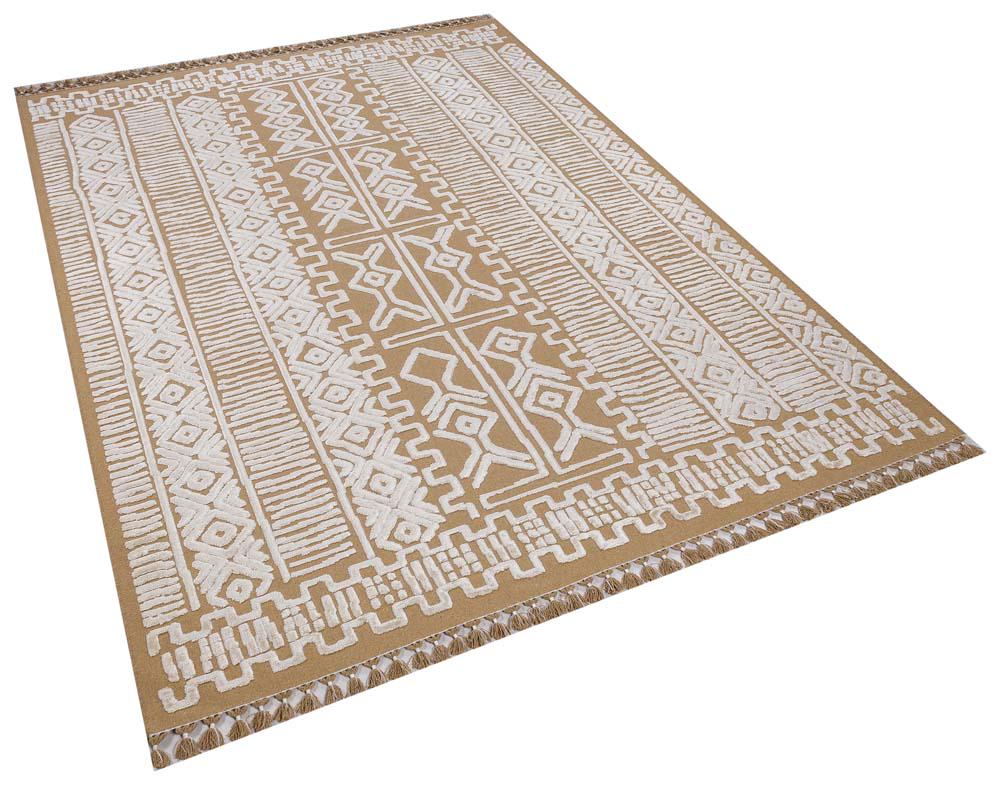 Modern Geometric High-Low Pile Viscose Carpet – Beige & White Tribal Design Area Rug
