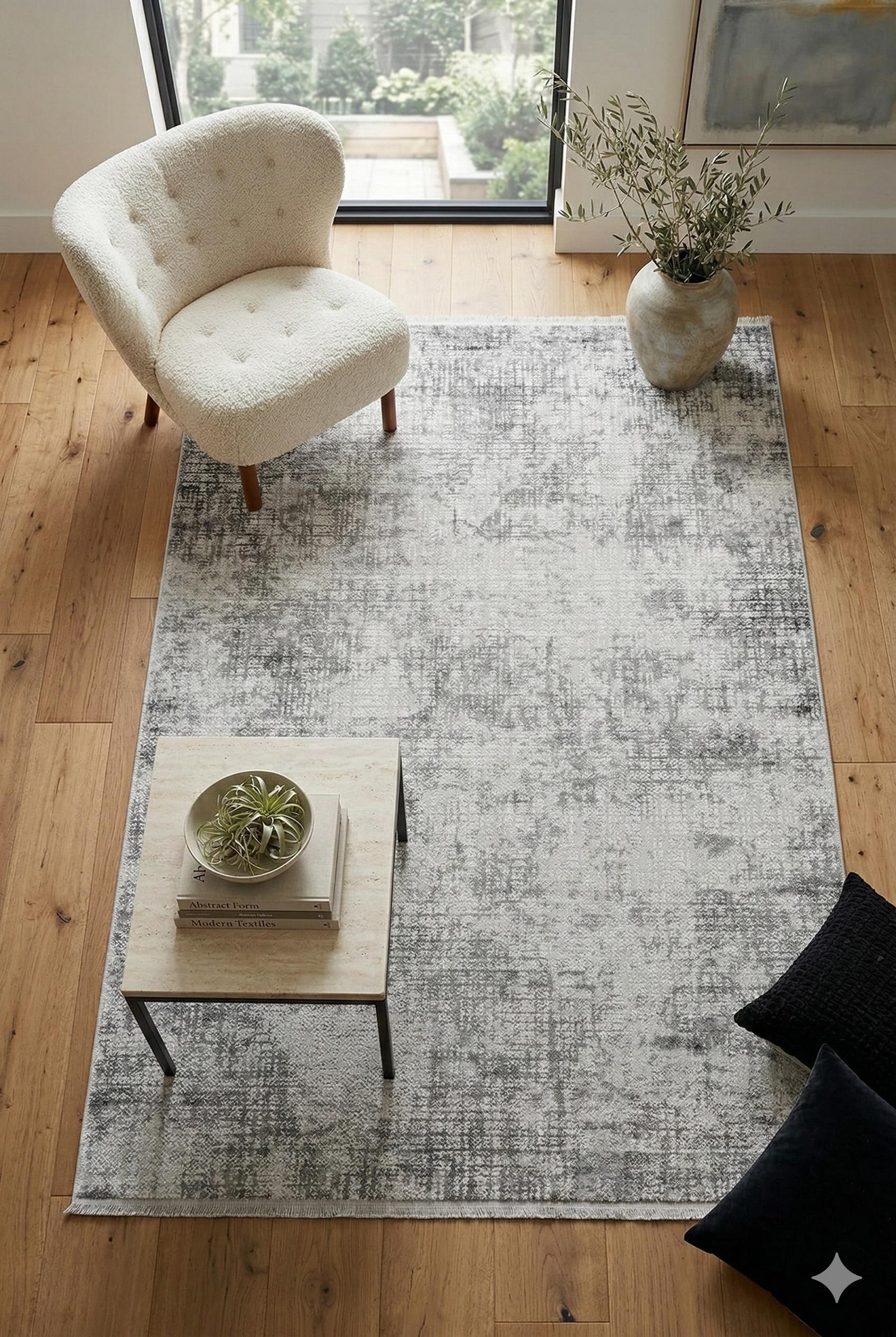 Cream Textured Abstract Carpet with Tassels, Minimalist Scandi Home Decor, Neutral Living Room Rug.