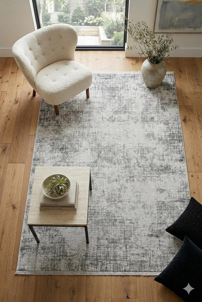 Cream Textured Abstract Carpet with Tassels, Minimalist Scandi Home Decor, Neutral Living Room Rug.