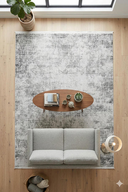 Cream Textured Abstract Carpet with Tassels, Minimalist Scandi Home Decor, Neutral Living Room Rug.