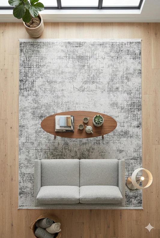 Cream Textured Abstract Carpet with Tassels, Minimalist Scandi Home Decor, Neutral Living Room Rug.