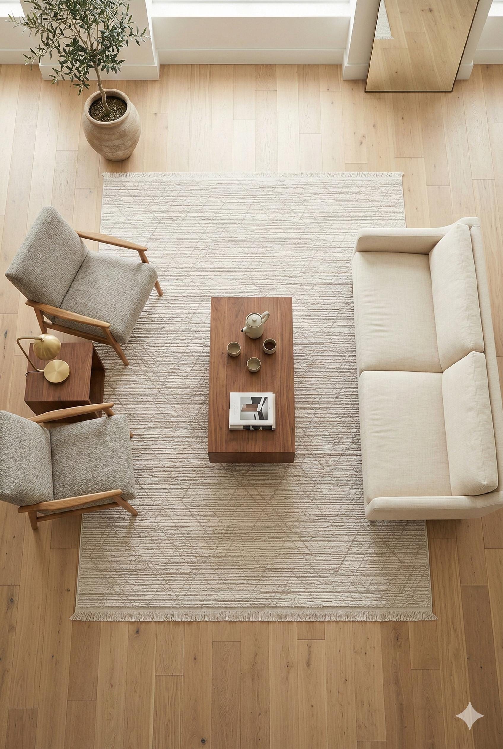 Cream Textured Geometric Carpet with Tassels, Minimalist Scandi Home Decor, Neutral Living Room Rug.
