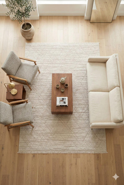 Cream Textured Geometric Carpet with Tassels, Minimalist Scandi Home Decor, Neutral Living Room Rug.
