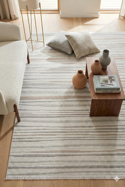 Modern White Striped Texture Rug, 5x7 Cream Contemporary Area Carpet (160x230cm)