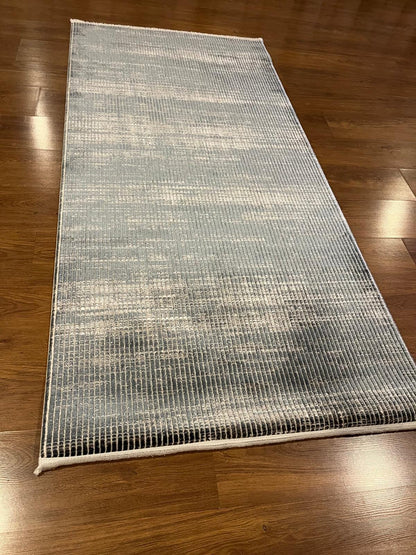 Modern Marsala Blue Textured Rug – Distressed Linear Woven Floor Carpet (Customizable Size)