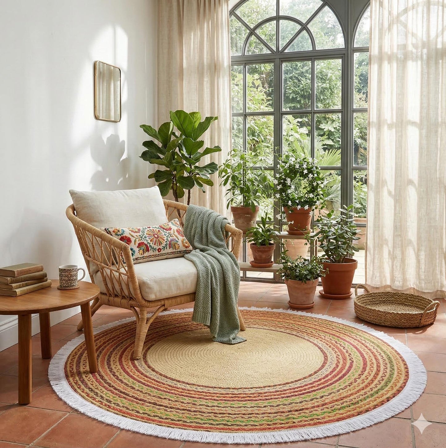 Braided Round Area Rug – Yellow, Red, Boho Cotton Carpet, Washable Circular Rug