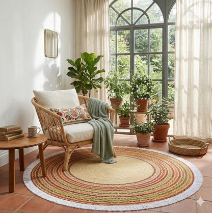 Braided Round Area Rug – Yellow, Red, Boho Cotton Carpet, Washable Circular Rug